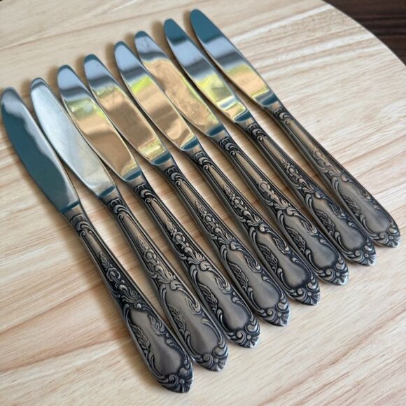 Amefa Holland AFS1 Stainless Flatware KNIVES 8 Satin Scroll Leaf 8 3/8 - Picture 1 of 9